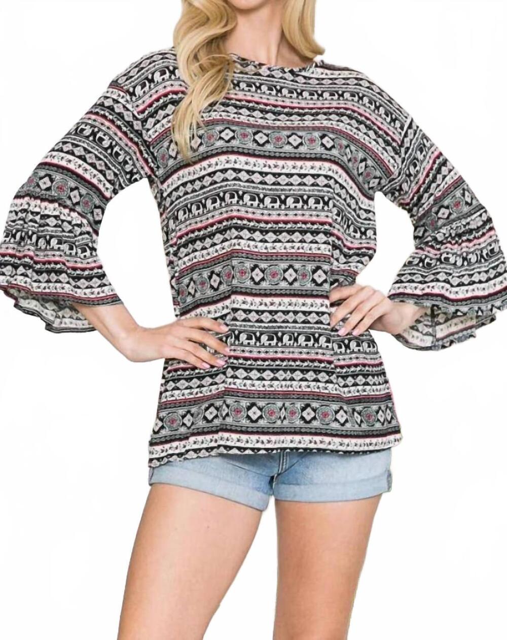 NEW MAGIC FIT women's bell sleeve floral tunic top in black